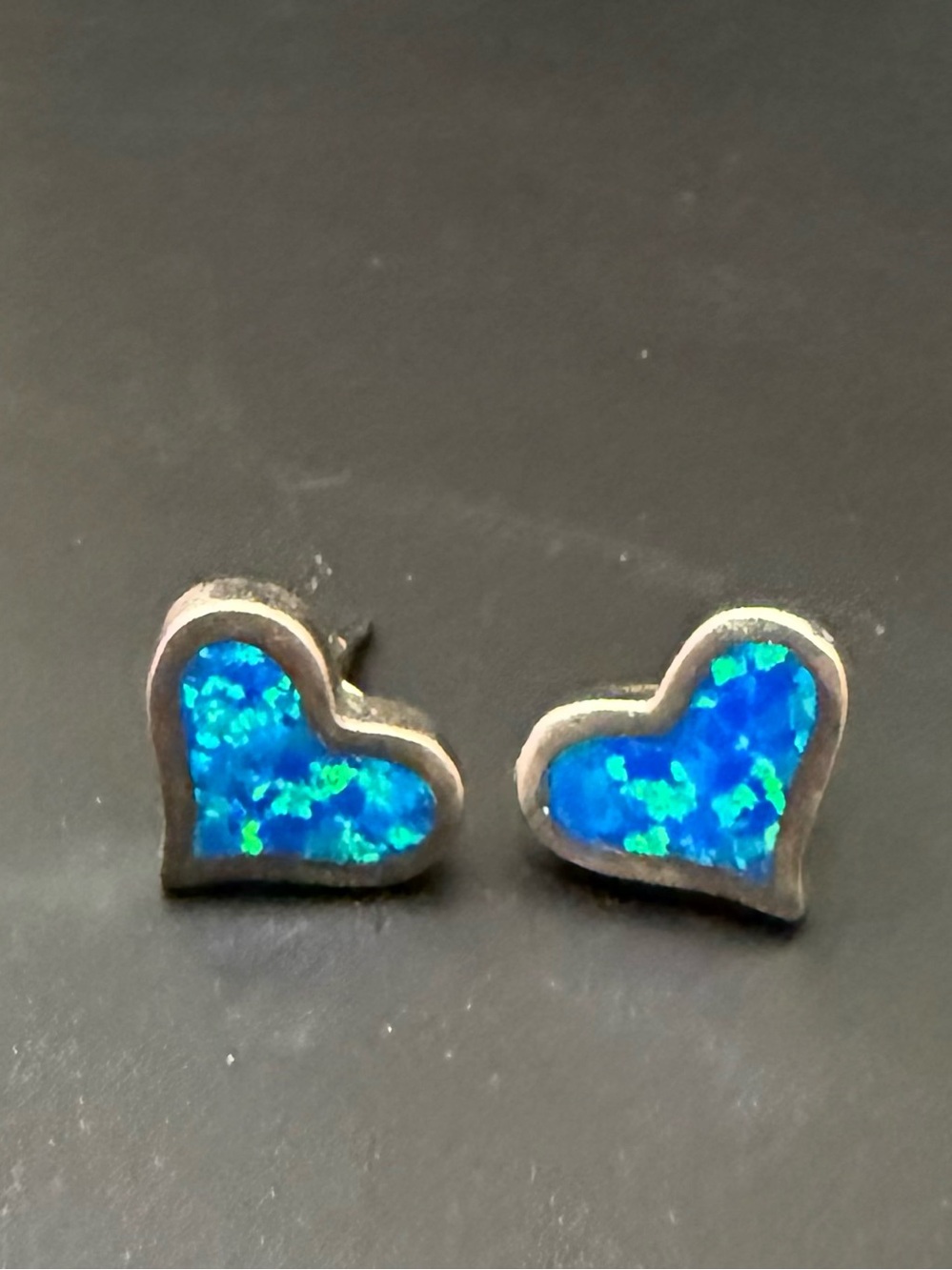 925 Sterling Silver Blue Fire Opal Heart Stud Earrings